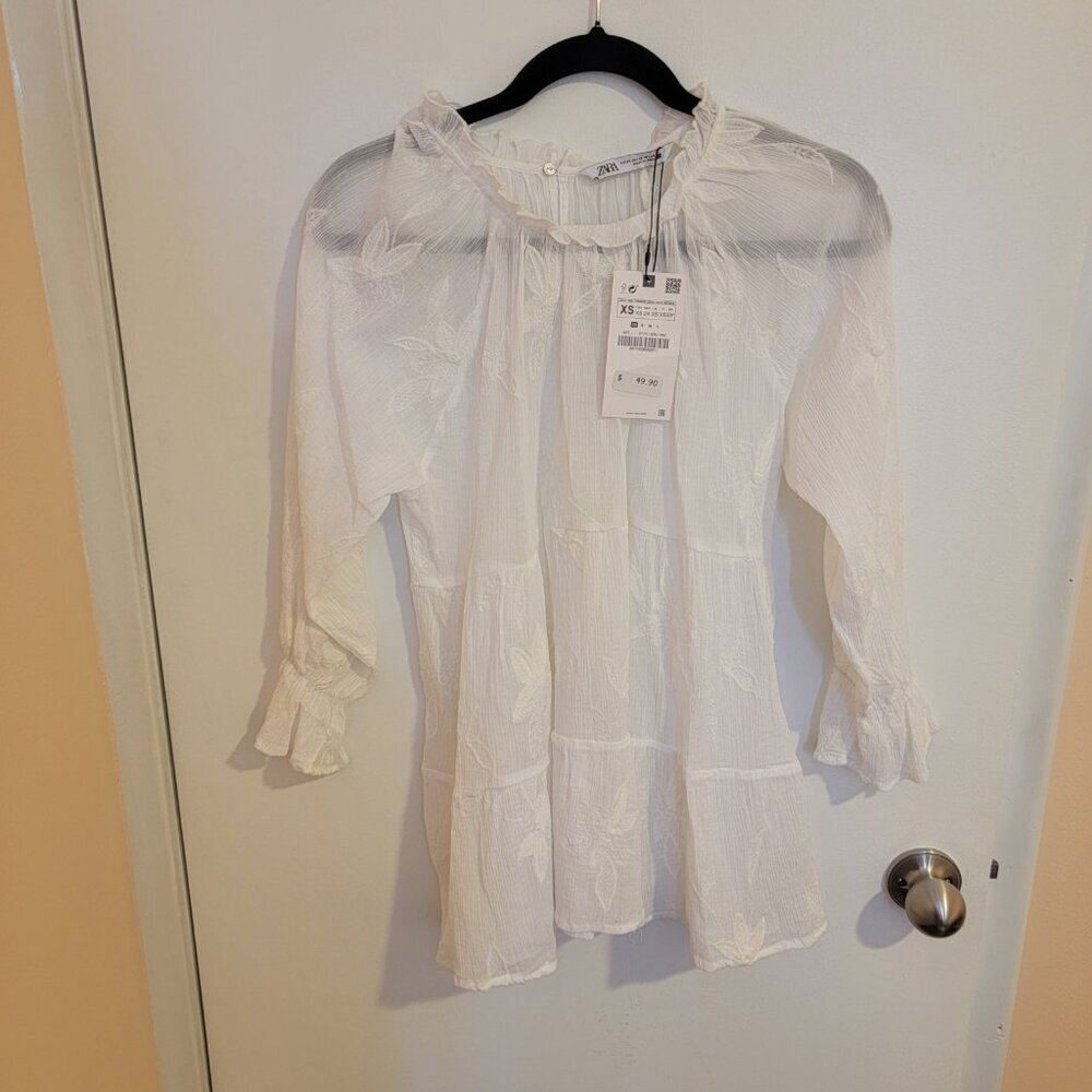 Zara Blouse Womens XS Tiered Floral Sheer Spring Easter NWT Y2K Oversized